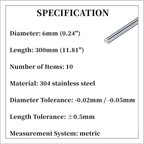 304 Stainless Steel Round Rod 10pcs 6mm x 300mm (0.24 x 11.81 inches) Metric Length Tolerance ± 0.5mm for DIY Craft Making Industry Metal Working Hobby Storage Rack Model Making in Saudi Arabia
