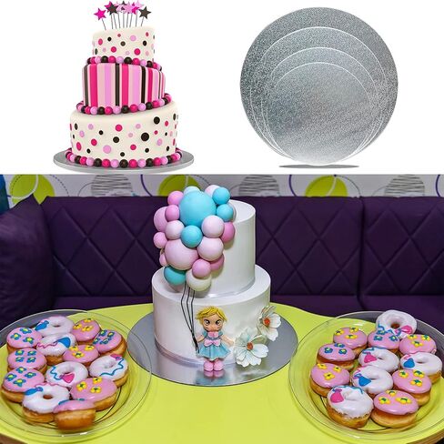 4 Pack Silver Cake Boards Round Cake Circles 6, 8, 10, 12 Inch Cake Base Cardboard, 1 of Each Size Set for Baking Cake, Wedding Birthday Cake, Dessert, Cake, Pizza Decorating and Exhibition in Kuwait