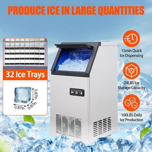 Commercial Ice Maker Machine, 100lbs/24H Counter Ice Maker with 24LBS Storage Bin, 32 Ice Trays, 12-15min Quick Ice Dispensing, Freestanding Ice Maker includes Scoop for Home Office Restaurant Bar in Kuwait