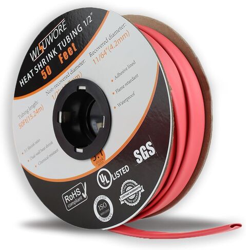 أنابيب الانكماش الحراري، نسبة 3: 1 مبطنة بمادة لاصقة من الدرجة البحرية، أنابيب انكماش حرارية صناعية كهربائية 1/2 باللون الأحمر، لفة بطول 50 قدمًا in Kuwait