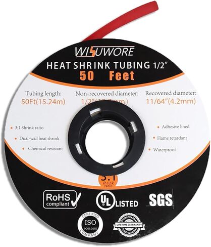أنابيب الانكماش الحراري، نسبة 3: 1 مبطنة بمادة لاصقة من الدرجة البحرية، أنابيب انكماش حرارية صناعية كهربائية 1/2 باللون الأحمر، لفة بطول 50 قدمًا in Kuwait