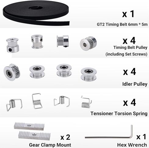 حزام التوقيت GT2 عرض 6 مم 5 متر + 4 قطع 20 سن 5 مم بكرة حزام التوقيت + 4 قطع بكرة وسيطة + 4 قطع زنبركية شد + 2 قطعة مشبك تثبيت تروس + مفتاح ربط، مجموعة ملحقات الطابعة ثلاثية الأبعاد in Kuwait