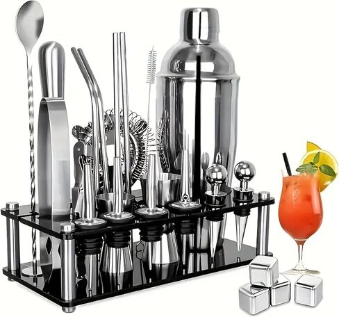 25-Piece Cocktail Shaker Set with Acrylic Stand & Cocktail Recipes Booklet,304 Stainless Steel Bartender Kit,Professional Bar Tools for Drink Mixing, Home, Bar, Party (Include 4 Whiskey Stones) in Saudi Arabia