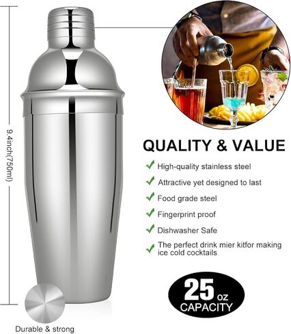 25-Piece Cocktail Shaker Set with Acrylic Stand & Cocktail Recipes Booklet,304 Stainless Steel Bartender Kit,Professional Bar Tools for Drink Mixing, Home, Bar, Party (Include 4 Whiskey Stones) in Saudi Arabia