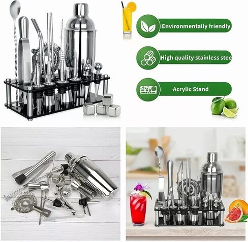 25-Piece Cocktail Shaker Set with Acrylic Stand & Cocktail Recipes Booklet,304 Stainless Steel Bartender Kit,Professional Bar Tools for Drink Mixing, Home, Bar, Party (Include 4 Whiskey Stones) in Saudi Arabia