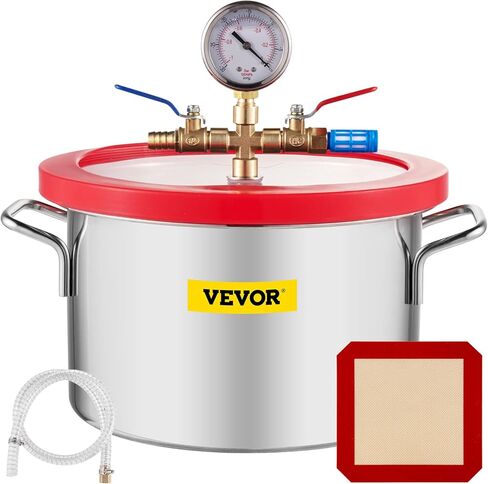 VEVOR غرفة فراغ 3 جالون ومجموعة مضخة 3.5 CFM، طقم غرفة تفريغ الهواء بغطاء من الزجاج المقسى، مضخة تفريغ أحادية المرحلة مع زجاجة زيت 250 مل، لتثبيت الخشب والسيليكونات التفريغ والإيبوكسي in Kuwait