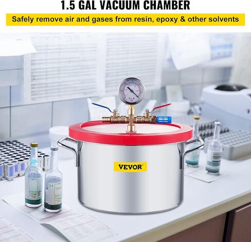VEVOR غرفة فراغ 3 جالون ومجموعة مضخة 3.5 CFM، طقم غرفة تفريغ الهواء بغطاء من الزجاج المقسى، مضخة تفريغ أحادية المرحلة مع زجاجة زيت 250 مل، لتثبيت الخشب والسيليكونات التفريغ والإيبوكسي in Kuwait