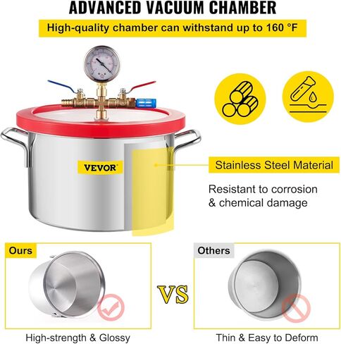 VEVOR غرفة فراغ 3 جالون ومجموعة مضخة 3.5 CFM، طقم غرفة تفريغ الهواء بغطاء من الزجاج المقسى، مضخة تفريغ أحادية المرحلة مع زجاجة زيت 250 مل، لتثبيت الخشب والسيليكونات التفريغ والإيبوكسي in Kuwait