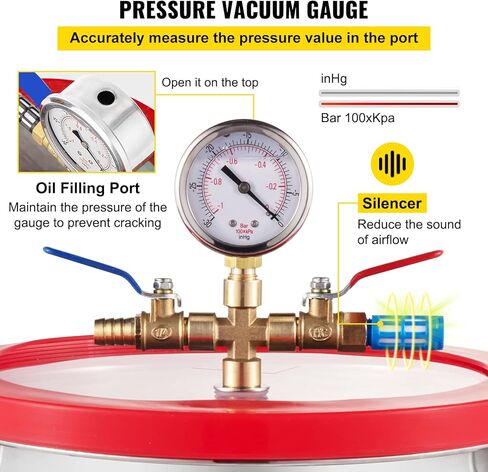 VEVOR غرفة فراغ 3 جالون ومجموعة مضخة 3.5 CFM، طقم غرفة تفريغ الهواء بغطاء من الزجاج المقسى، مضخة تفريغ أحادية المرحلة مع زجاجة زيت 250 مل، لتثبيت الخشب والسيليكونات التفريغ والإيبوكسي in Kuwait
