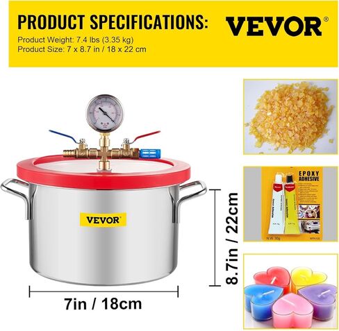 VEVOR غرفة فراغ 3 جالون ومجموعة مضخة 3.5 CFM، طقم غرفة تفريغ الهواء بغطاء من الزجاج المقسى، مضخة تفريغ أحادية المرحلة مع زجاجة زيت 250 مل، لتثبيت الخشب والسيليكونات التفريغ والإيبوكسي in Kuwait