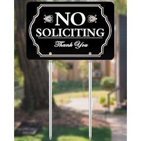 No Soliciting Yard Sign - 12" X 8" Aluminum With Stake, No Soliciting Signs For Home House (Black)