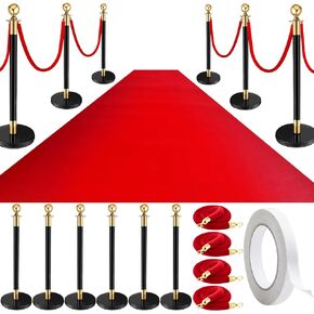 Stanchion Posts Queue Crowd Control Stanchion Velvet Ropes Carpet Set, 38 in Stanchion Post Sand Injection Hollow Base with Rope, Carpet for Party Museum (12 Pcs,Gold,26 ft Carpet)