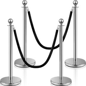 Ferraycle 8 Pcs Crowd Control Stanchions and Velvet Ropes 5 ft Crowd Control Ropes and Poles Silver Crowd Control Barriers Black Stanchion Rope Stainless Steel Stanchion Post for Party Supplies
