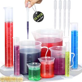 moveland Upgraded Plastic Graduated Cylinder and Plastic Beakers Set - Graduated Cylinder 10ml 25ml 50ml 100ml，Beakers 50ml 100ml 250ml 500ml 1000ml, 5 Pcs Pipettes, Ideal for DIY and Science Lab