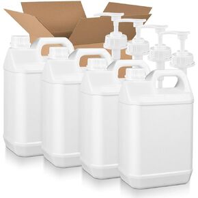 1 Gallon Plastic F-Style Jug (4-Pack) Reusable Food-Safe, Heavy-Duty HDPE Containers for Water, Sauces, Soaps, Detergents, Honey Liquids with Screw-On Cap and Pump Cap (Translucent, 1 Gallon)
