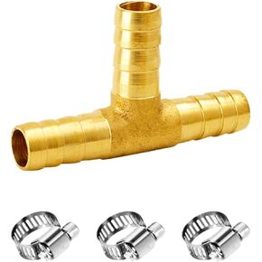 1" Brass Barb Tee Fittings T-Shaped 3 Ways Union Hose Barb Pipe Fitting with 3pcs Stainless Steel Pipe Clamp for Water/Fuel/Air