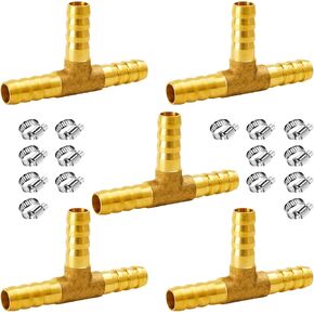 3/8" Brass Barb Tee Fittings T-Shaped 3 Ways Union Hose Barb Pipe Fitting with 15pcs Stainless Steel Pipe Clamp for Water/Fuel/Air (Pack of 5)