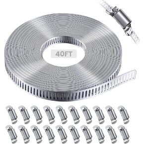 13/20/40FT Metal Strapping with Holes + 10/15/20 Stronger Fasteners, 304 Stainless Steel Hose Clamps DIY Kit, Adjustable Large Worm Gear Hose Clamps, for Duct, Radiator, Fuel Line, Pool, Pipe