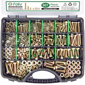 FOLIV 523PCS Grade 8 Bolts and Nuts Assortment Kit, Heavy Duty Nut and Bolt Assortment, 1/4-20 5/16-18 3/8-16 SAE Hex Bolts, Length from 1/2" to 1-1/2"