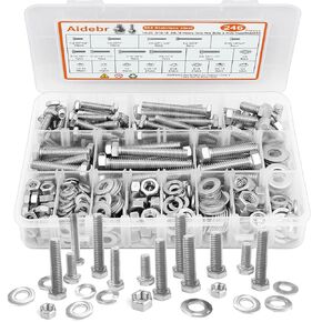 Stainless Steel Hex Head Nuts and Bolts Assortment Kit, 246PCS Bolt Assortment Kit 1/4-20, 5/16-18,3/8-16 Assorted Nuts Bolts and Flat & Spring Lock Washer Assortment with Storage Case