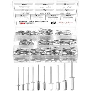 Bates- Pop Rivets Assortment Kit, 500 Pcs, 10 sizes, 1/8", 3/16", 5/32", Silver, Aluminum Rivets, Rivet Assortment Kit, Pop Rivet Kit, Blind Rivets for Metal, Rivet Box, Rivets Aluminum, Rivets Kit