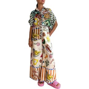 Womens Summer Print 2 Piece Linen Sets Boho Short Sleeve Button Shirt Wide Leg Pants Outfits Pajamas Lounge Sets