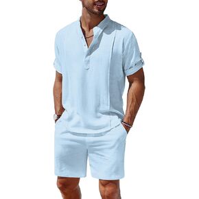 COOFANDY Mens Linen Sets 2 Pieces Casual Short Sleeve Henley Shirts and Pants Set Summer Vacation Outfits