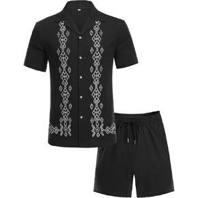Daupanzees Men's 2 Pieces Shirt Sets Beach Guayabera Outfit Button Down Shirts and Shorts Casual Cuban Embroidered Sets