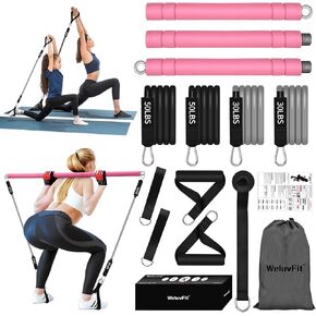 Multifunctional Portable Stackable Pilates Bar Kit with Resistance Bands, Door Anchor for Resistance Bands-Home Gym Equipment with Handles - Pilates Flexbands Supports Full-Body Workouts for Yoga Pink