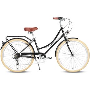 AVASTA 26 inch Hybrid Bike for Women Female Lightweight Step Through Hi-Ten Steel Frame City Commuter Comfort Lady Bicycle, 6-Speed, Color Black with Beige Tires