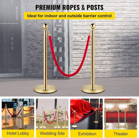 VEVOR Stanchions and Velvet Ropes 4Pcs, Solid Base with Stainless Steel Post, 5ft Red Velvet Ropes and Posts, Crowd Control Barriers Gold Stanchions, Red Carpet Runner Poles for Party Supplies in Saudi Arabia