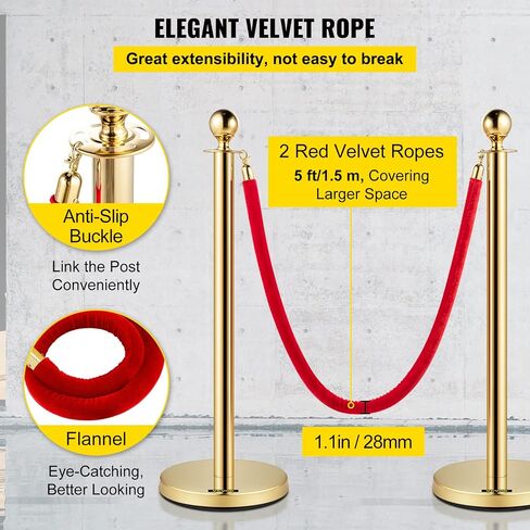 VEVOR Stanchions and Velvet Ropes 4Pcs, Solid Base with Stainless Steel Post, 5ft Red Velvet Ropes and Posts, Crowd Control Barriers Gold Stanchions, Red Carpet Runner Poles for Party Supplies in Saudi Arabia