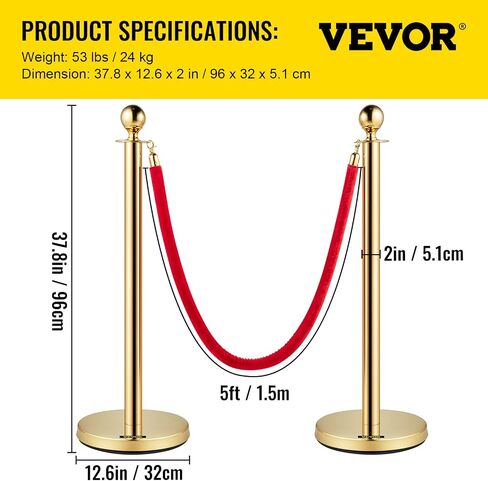 VEVOR Stanchions and Velvet Ropes 4Pcs, Solid Base with Stainless Steel Post, 5ft Red Velvet Ropes and Posts, Crowd Control Barriers Gold Stanchions, Red Carpet Runner Poles for Party Supplies in Saudi Arabia