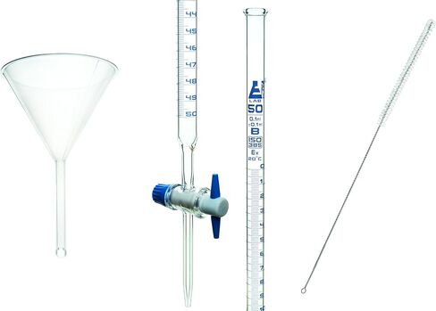 مجموعة EISCO المكونة من 3 قطع من سحاحة المختبر - تتضمن سحاحة زجاجية سعة 50 مل مع محبس PTFE، وقمع بلاستيكي، وفرشاة سحاحة in Saudi Arabia