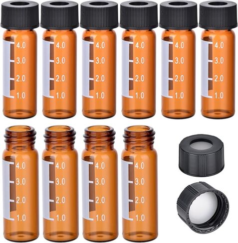 ESHATO 4ML Autosampler Vial, 100 Pack HPLC/GC Vials 9-425 Lab Amber Vials Sample Vial Screw Cap Writing Patch White PTFE and Silicone Septa for LC Stamper in Kuwait