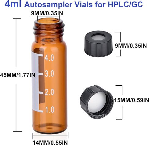 ESHATO 4ML Autosampler Vial, 100 Pack HPLC/GC Vials 9-425 Lab Amber Vials Sample Vial Screw Cap Writing Patch White PTFE and Silicone Septa for LC Stamper in Kuwait