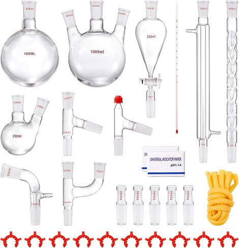 مجموعة الكيمياء العضوية VEVOR Glass 13 قطعة مجموعة التقطير 24/40 جهاز تقطير المفاصل البورسليكات زجاج مختبر الأواني الزجاجية عدة ث / قارورة سفلية مستديرة 1000 مل لتنقية فصل التقطير in Saudi Arabia