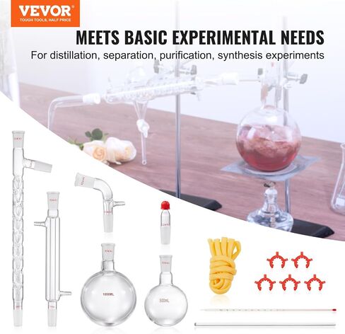 مجموعة الكيمياء العضوية VEVOR Glass 13 قطعة مجموعة التقطير 24/40 جهاز تقطير المفاصل البورسليكات زجاج مختبر الأواني الزجاجية عدة ث / قارورة سفلية مستديرة 1000 مل لتنقية فصل التقطير in Saudi Arabia