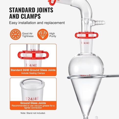 مجموعة الكيمياء العضوية VEVOR Glass 13 قطعة مجموعة التقطير 24/40 جهاز تقطير المفاصل البورسليكات زجاج مختبر الأواني الزجاجية عدة ث / قارورة سفلية مستديرة 1000 مل لتنقية فصل التقطير in Saudi Arabia