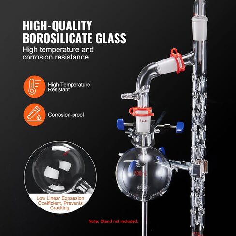 مجموعة الكيمياء العضوية VEVOR Glass 13 قطعة مجموعة التقطير 24/40 جهاز تقطير المفاصل البورسليكات زجاج مختبر الأواني الزجاجية عدة ث / قارورة سفلية مستديرة 1000 مل لتنقية فصل التقطير in Saudi Arabia