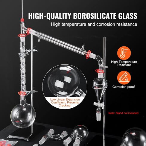 مجموعة الكيمياء العضوية VEVOR Glass 13 قطعة مجموعة التقطير 24/40 جهاز تقطير المفاصل البورسليكات زجاج مختبر الأواني الزجاجية عدة ث / قارورة سفلية مستديرة 1000 مل لتنقية فصل التقطير in Saudi Arabia