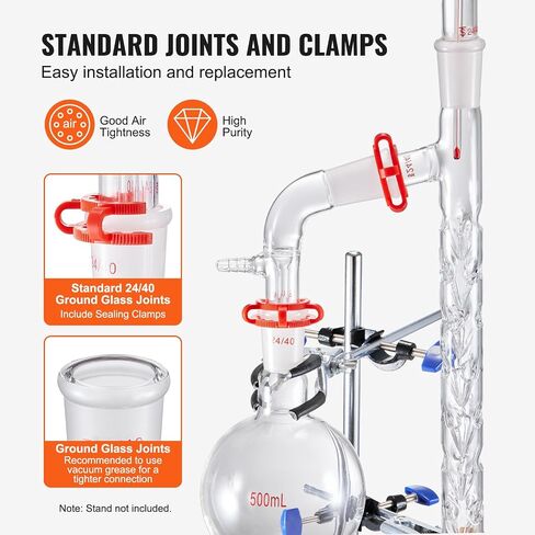 مجموعة الكيمياء العضوية VEVOR Glass 13 قطعة مجموعة التقطير 24/40 جهاز تقطير المفاصل البورسليكات زجاج مختبر الأواني الزجاجية عدة ث / قارورة سفلية مستديرة 1000 مل لتنقية فصل التقطير in Saudi Arabia
