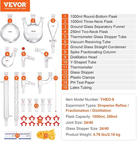مجموعة الكيمياء العضوية VEVOR Glass 13 قطعة مجموعة التقطير 24/40 جهاز تقطير المفاصل البورسليكات زجاج مختبر الأواني الزجاجية عدة ث / قارورة سفلية مستديرة 1000 مل لتنقية فصل التقطير in Saudi Arabia
