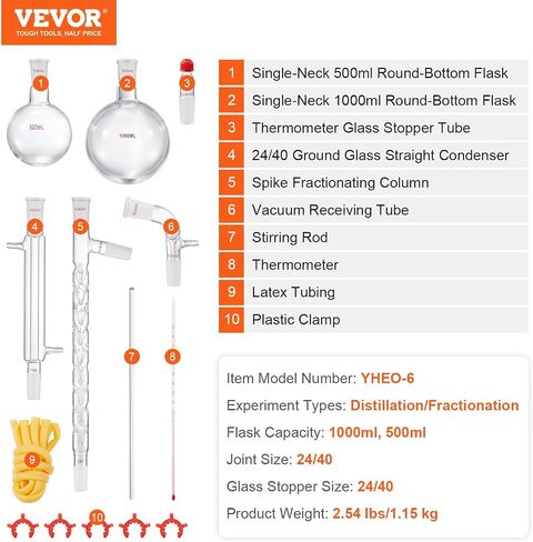 مجموعة الكيمياء العضوية VEVOR Glass 13 قطعة مجموعة التقطير 24/40 جهاز تقطير المفاصل البورسليكات زجاج مختبر الأواني الزجاجية عدة ث / قارورة سفلية مستديرة 1000 مل لتنقية فصل التقطير in Saudi Arabia