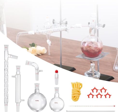 مجموعة الكيمياء العضوية VEVOR Glass 13 قطعة مجموعة التقطير 24/40 جهاز تقطير المفاصل البورسليكات زجاج مختبر الأواني الزجاجية عدة ث / قارورة سفلية مستديرة 1000 مل لتنقية فصل التقطير in Saudi Arabia