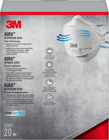3M Aura Particulate N95 Respirator 9205+, Flat Fold Lightweight Design, Non-Valved, 20 Count (Pack of 1) in Saudi Arabia