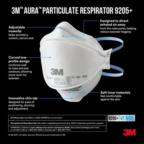 3M Aura Particulate N95 Respirator 9205+, Flat Fold Lightweight Design, Non-Valved, 20 Count (Pack of 1) in Saudi Arabia