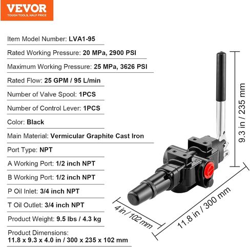 VEVOR Hydraulic Log Splitter Valve 1 Spool, 25 GPM Hydraulic Directional Control Valve, 3626PSI Hydraulic Loader Valve, Hydraulic Joystick Control Valve for Small Tractors, Loaders, Log Splitter in Saudi Arabia