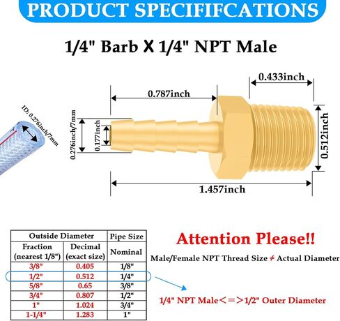 SDTC Tech 10 عبوات من تركيبات خرطوم الهواء النحاسية، 1/4 بوصة بارب × 1/4 بوصة خرطوم ذكر NPT إلى محول الأنابيب، مجموعة أدوات إصلاح خرطوم الهواء 1/4 بوصة in Kuwait