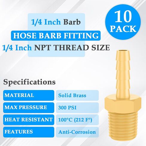 SDTC Tech 10 عبوات من تركيبات خرطوم الهواء النحاسية، 1/4 بوصة بارب × 1/4 بوصة خرطوم ذكر NPT إلى محول الأنابيب، مجموعة أدوات إصلاح خرطوم الهواء 1/4 بوصة in Kuwait